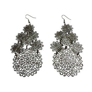 Silver Filigree Dangle Earrings Lightweight Floral Design Boho